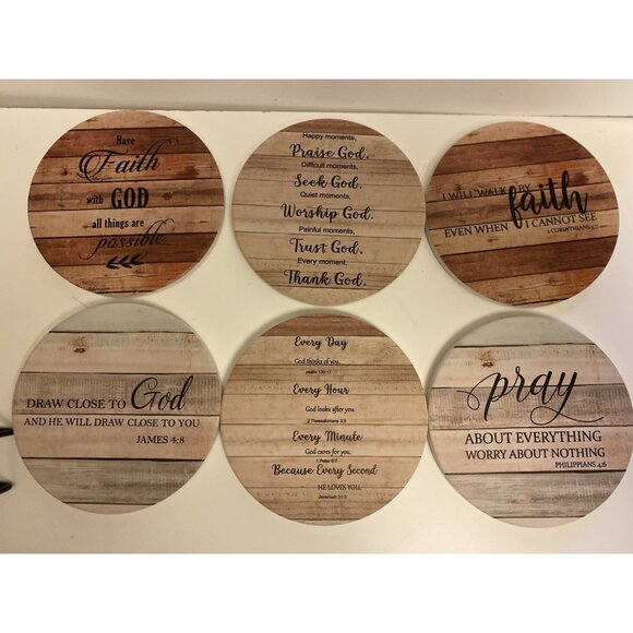 Hoomey Coasters Set of 6 Bible Christian Absorbent Drink Coasters & Holder - Picture 3 of 8